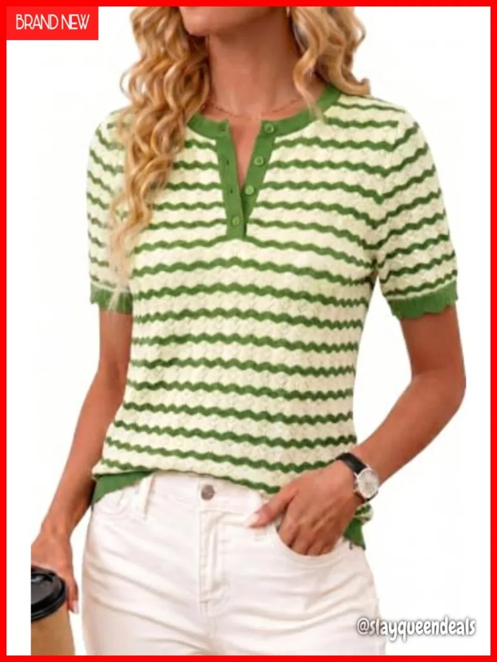 100% Cotton Short Sleeve Crew Neck Crochet Striped Sweater Top